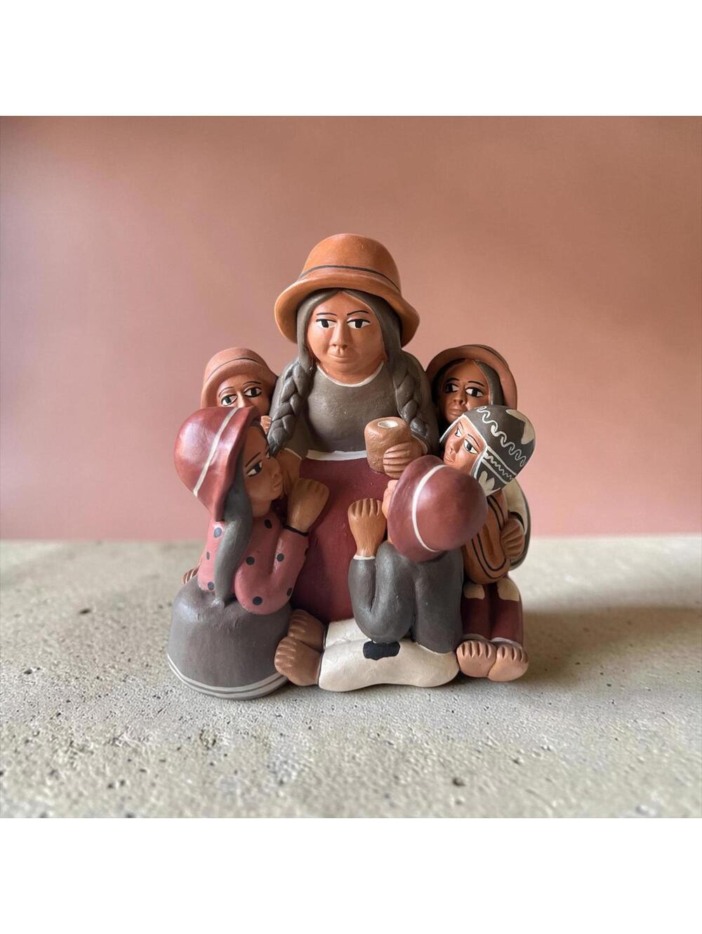 Vintage Folk Art Ceramic Figurine |  Handmade Pottery Family Scene Display